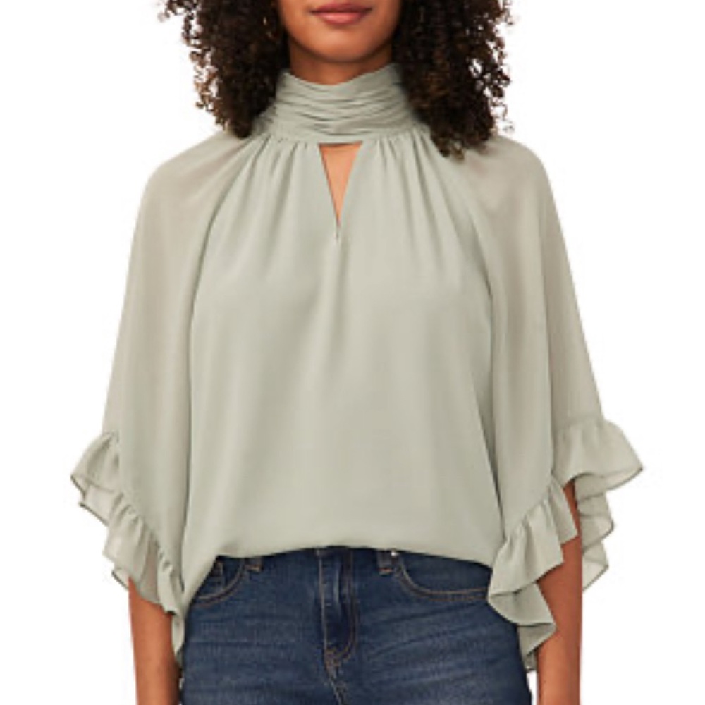 Vince Camuto Cutout Flutter-Sleeve Top Blouse Sage Green Size Medium